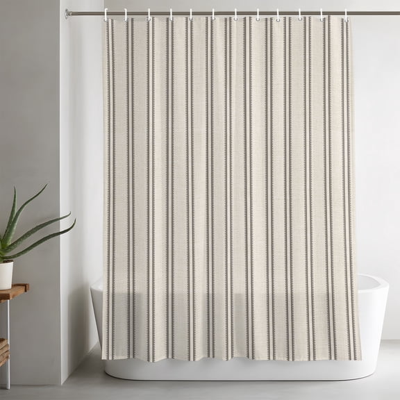 Ticking Stripe Shower Curtain, Minimalist Vertical Lines Beige Linen Texture Waterproof Washable Bath Fabric Shower Curtains Set with 12 Hooks for Bathroom Bathtub Decoration 54x78in