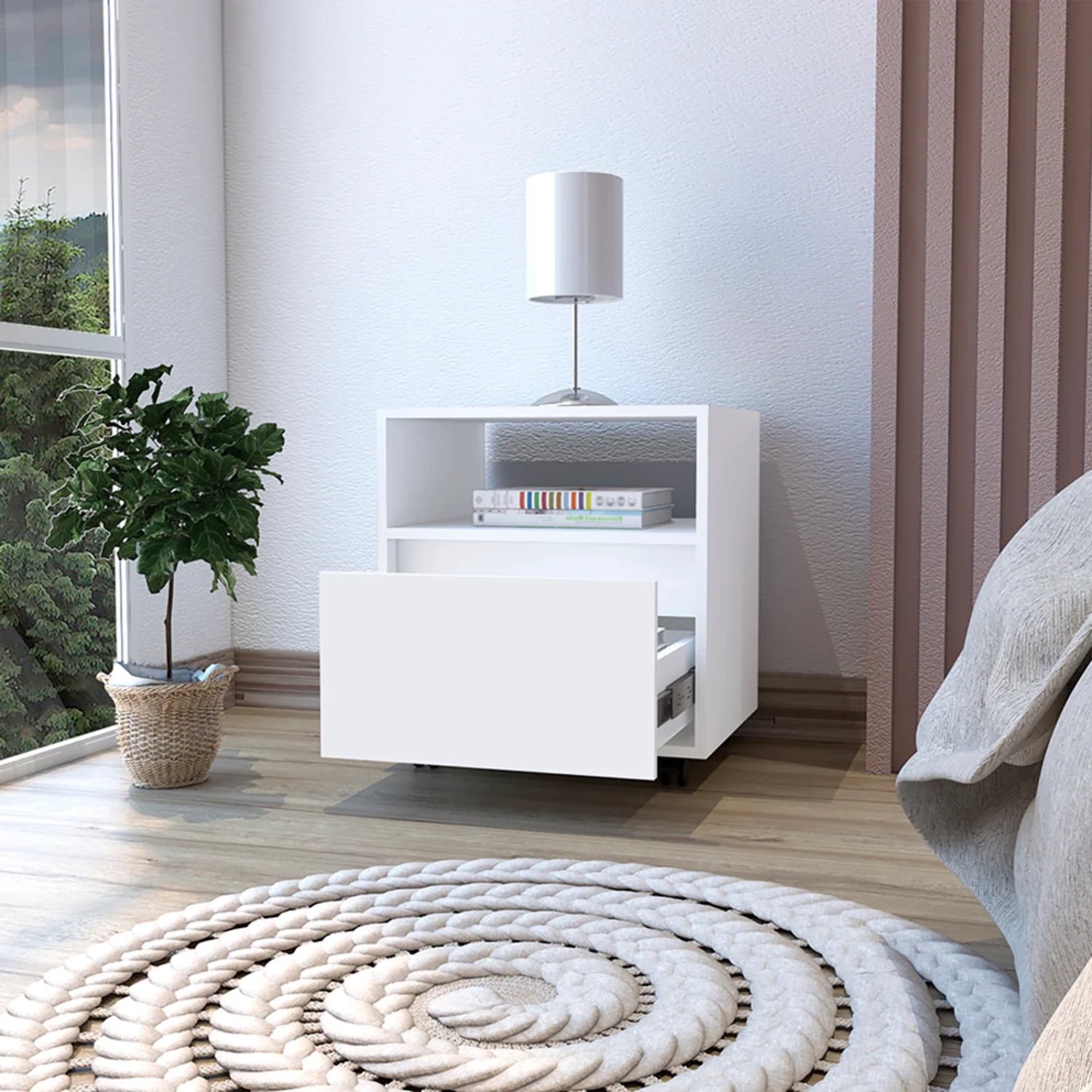 HomeRoots 20 in. One Drawer Faux Wood Nightstand, White