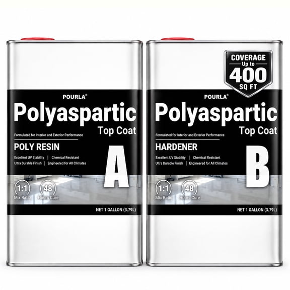 POURLA UltraShield Polyaspartic Top Coat 2 Gallon Kit – 1:1 Mix, Fast-Cure Industrial Clear Gloss, UV-Stable High-Durability Coating for Garage, Basement & Concrete Floors
