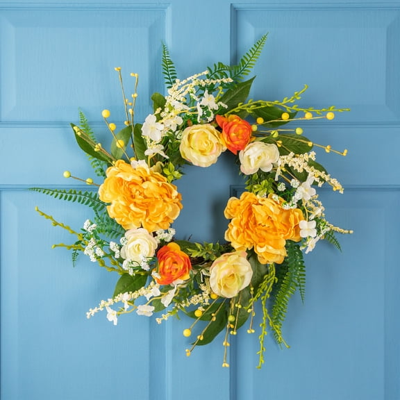 Northlight Hydrangea and Rose Artificial Floral Twig Wreath - Orange - 16"