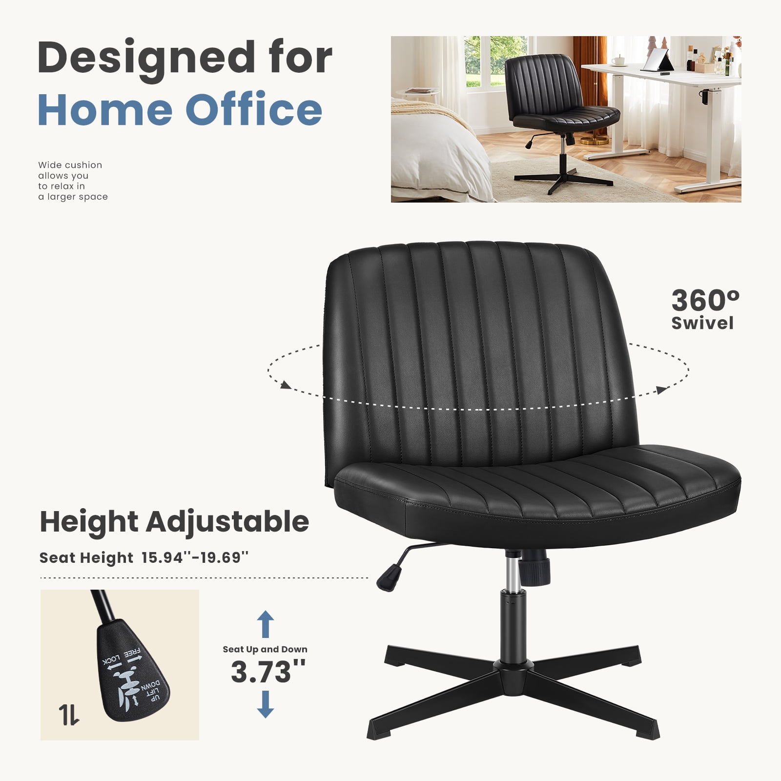 JIOABL Criss Cross Chair Armless Cross Legged Office Desk Chair Adjustable Swivel Ergonomic Desk Chair No Wheels U Shaped Backrest with Wide Seat Computer Task Vanity Chair for Home Office,PU Black