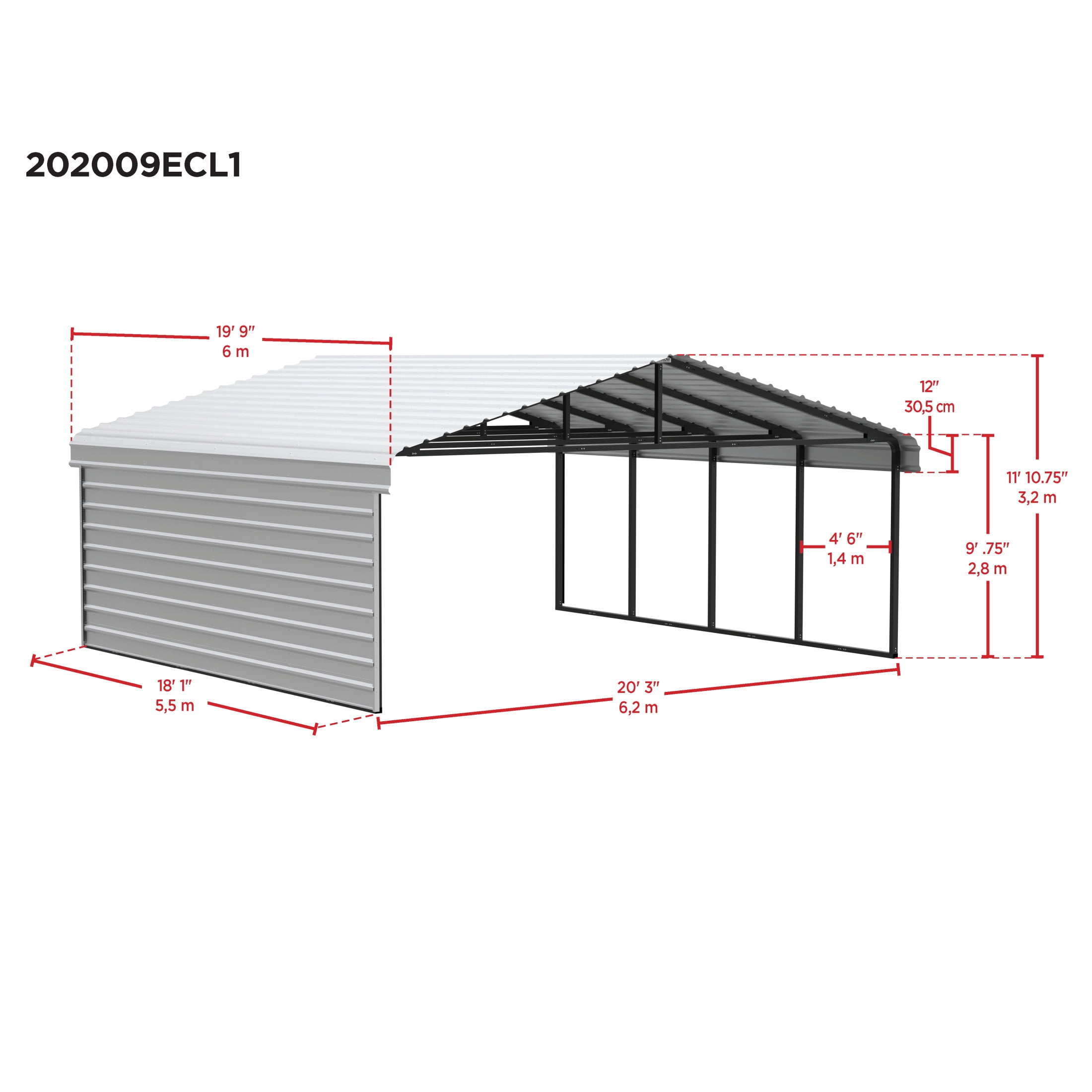 Arrow 20 x 20 x 9 ft Eggshell Carport With 1 Side Wall Kit