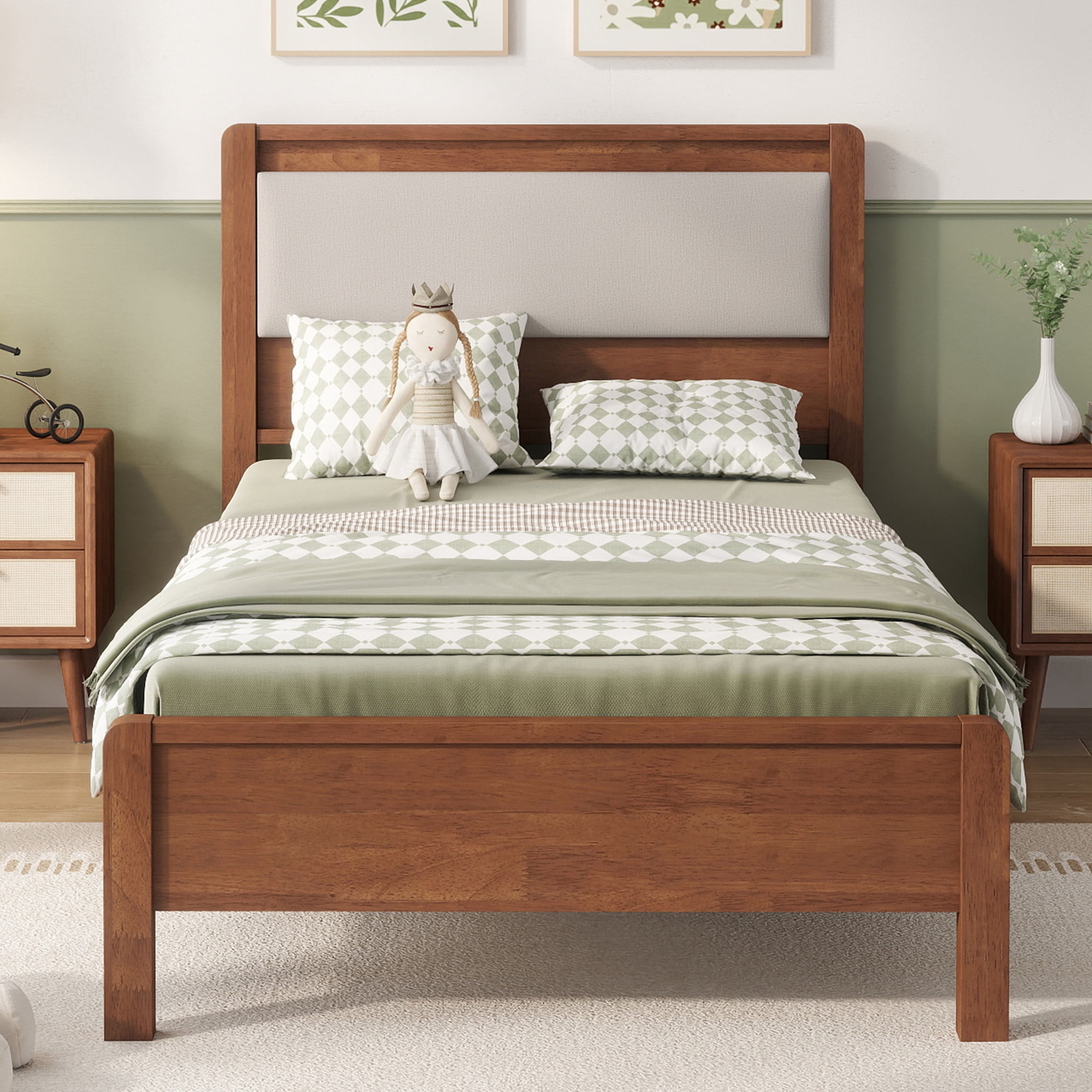 HOQBN Twin XL Solid Rubberwood Bed Frame with Upholstered Headboard, Reinforced Central Support Legs for Bedroom Brown