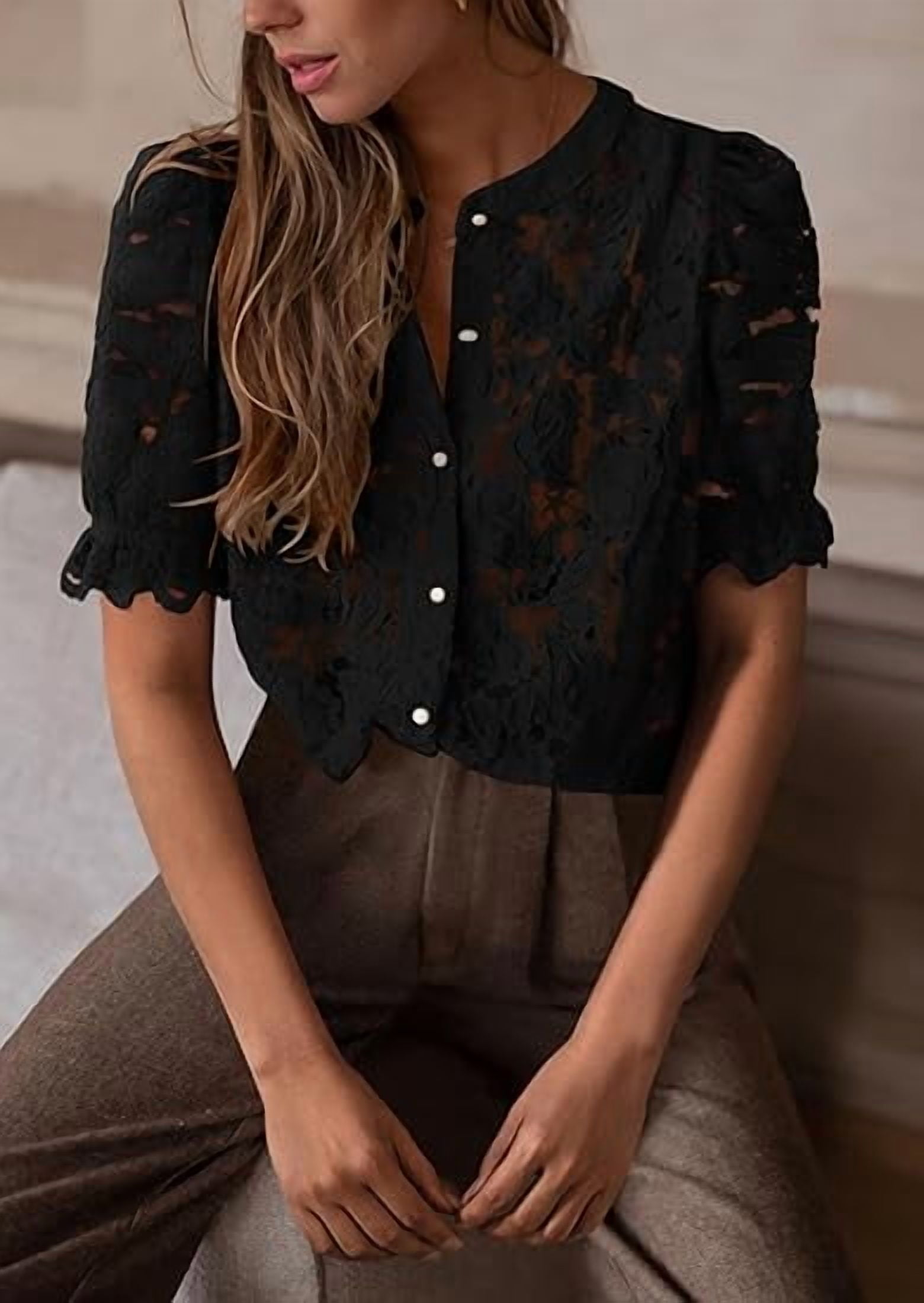 PRETTYGARDEN Womens Summer Lace Tops Short Puff Sleeve Casual Dressy Blouses Eyelet Crew Neck Buttom Down Shirts