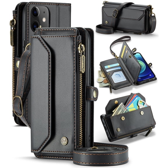 For iPhone 12 Crossbody Wallet Case with Card Slots Zipper Pocket,PU Leather Magnetic Flip Folio Wristlet Shoulder Strap 3-in-1 Crossbody Phone Case Wallet for Women Men,Black