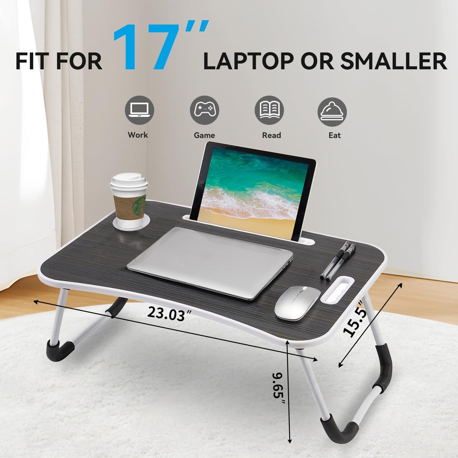 Folding Lap Desk, 23 Inch Portable Wood Black Laptop Bed Desk Lap Desk with Cup Holder, for Working Reading Writing, Eating, Watching Movies for Bed Sofa Couch Floor