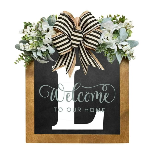 Corona de puerta de apellido personalizada | Placa colgante de madera durante todo el año | Cartel de bienvenida con monograma de letra personalizada | Decoración de puerta de entrada para todas las