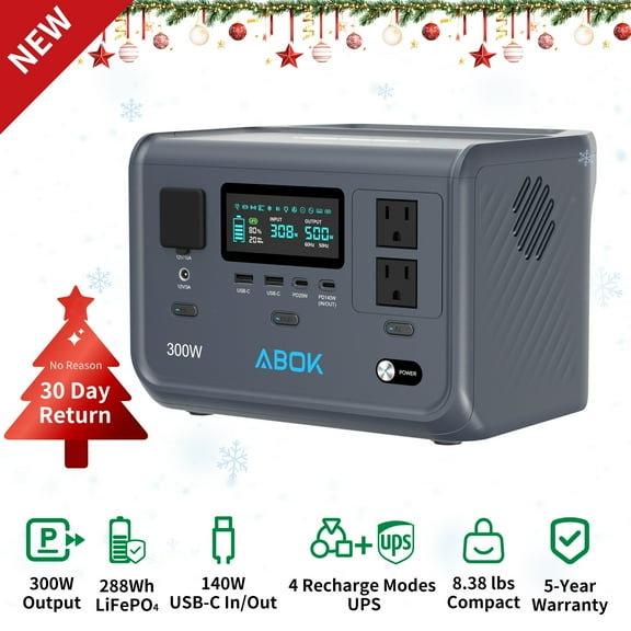 ABOK Ark300 Portable Solar Generator, 288Wh LiFePO4 Power Station, 300W Output, 140W Fast Dual-Way Charging, Ultra-Light 8.38 lbs for Camping & Home Backup