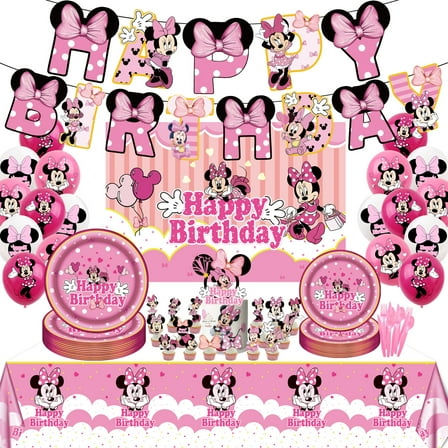 Minnie Birthday Party Kit - Complete Supplies for 10, Minnie Themed Decorations, Happy Birthday Party Backdrop, Banner, Plates, Balloons, and for Kids' Celebration