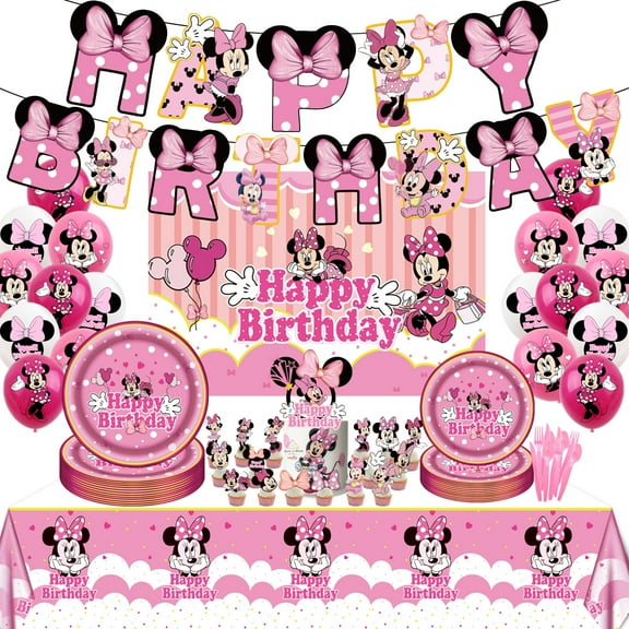 Minnie Birthday Party Kit - Complete Supplies for 10, Minnie Themed Decorations, Happy Birthday Party Backdrop, Banner, Plates, Balloons, and for Kids' Celebration