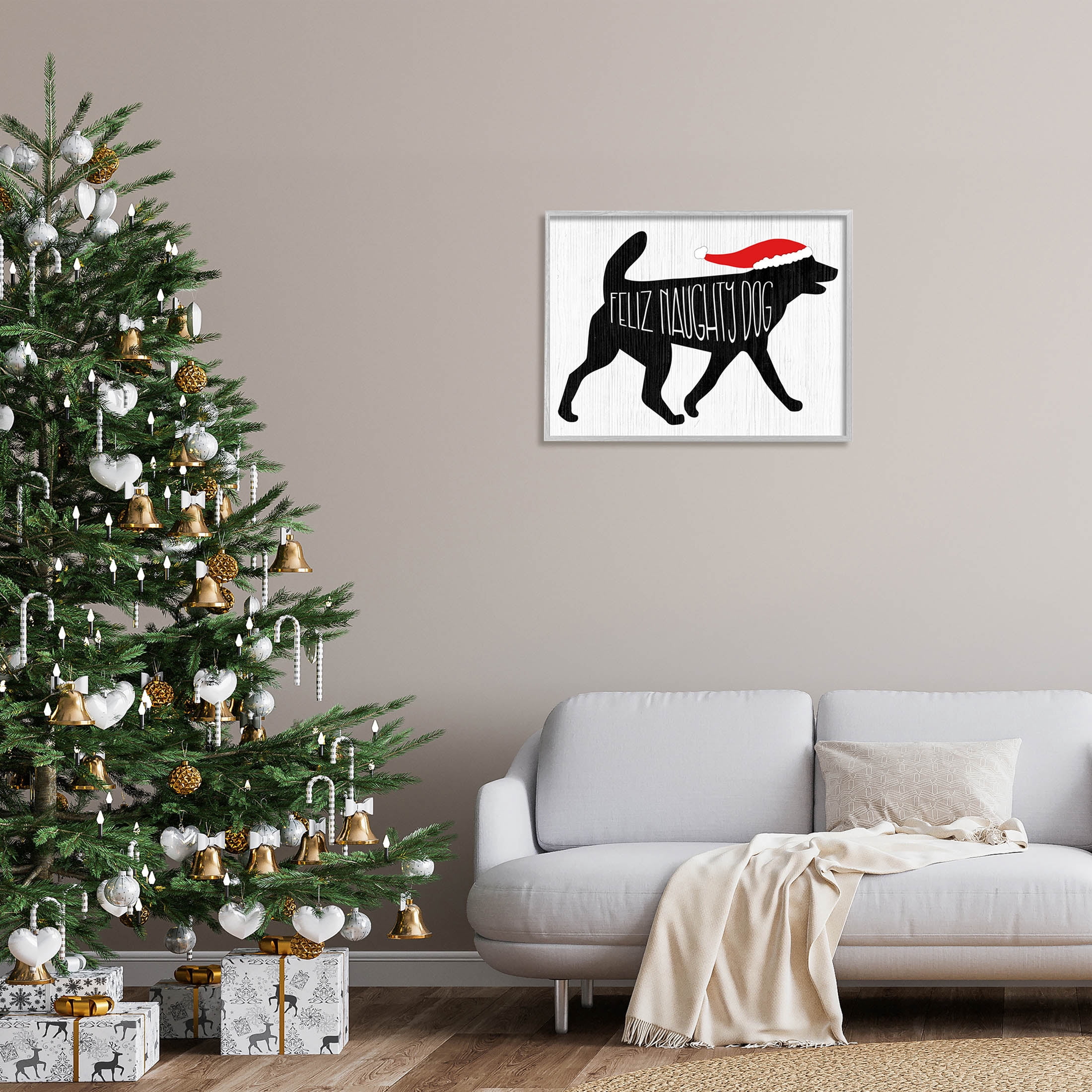 Feliz Naughty Dog Funny Pet Holiday Graphic Art Gray Framed Art Print Wall Art