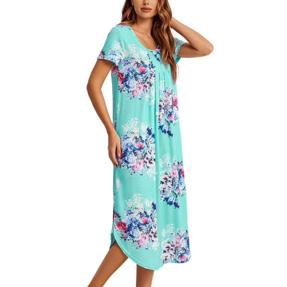 Oudiya Women Long Nightgown Short Sleeve House Dress Pleated Full Length Moo Moos Loungwear S-4XL