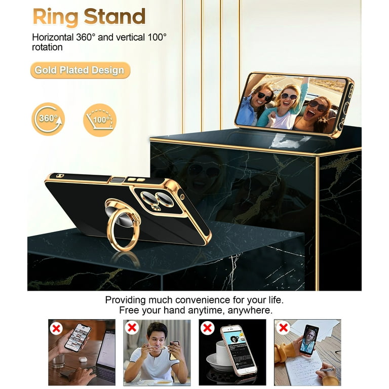 Dretal For Motorola G Play 5G 2024 Case, Moto G 5G 2024 Case,2X Screen Protector, 360° Rotatable Ring Holder Magnetic Kickstand,Plated Gold Edge Slim Soft TPU Protective Cover (Black