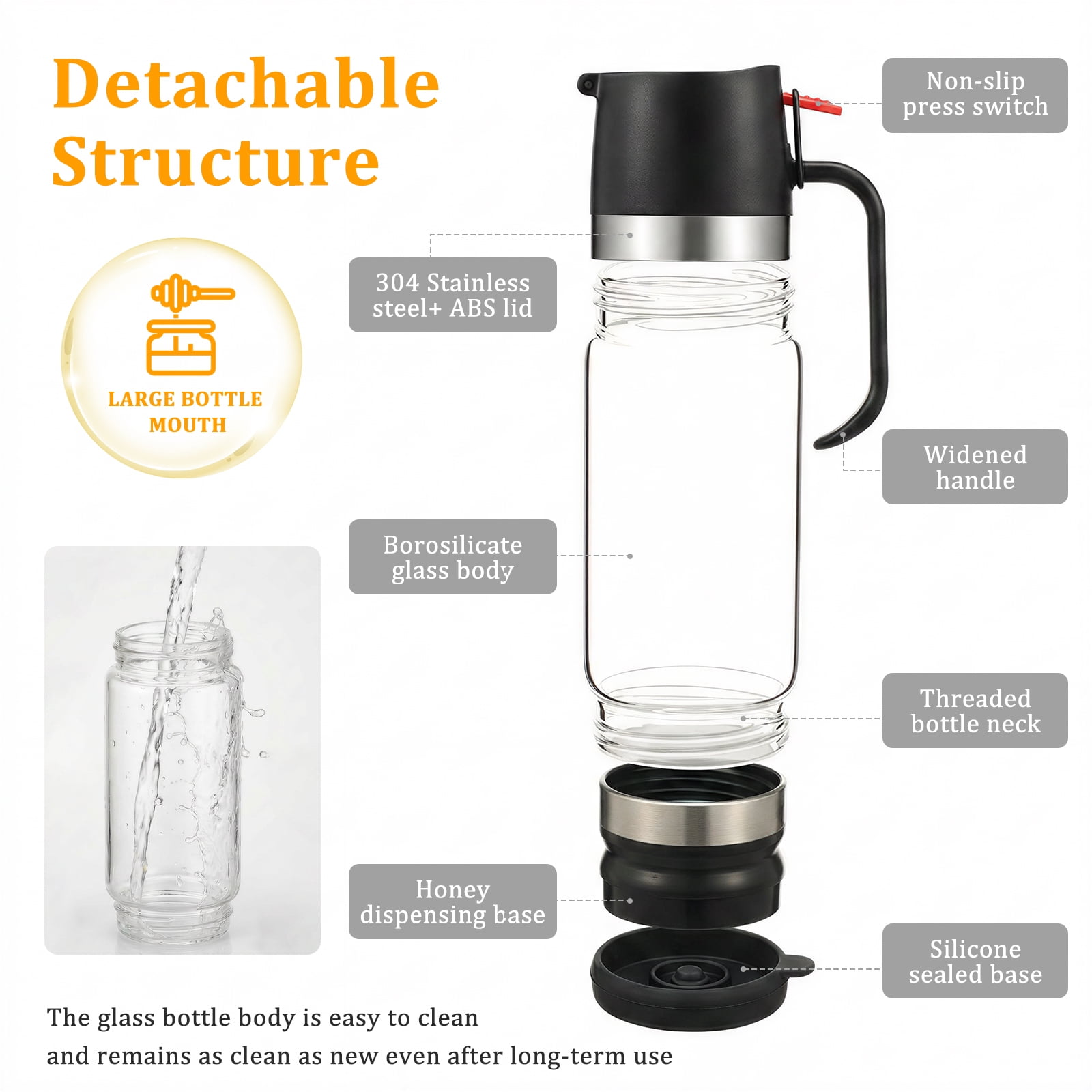 Toorise Glass Honey Dispenser 11.83oz No Drip Honey Jar with Handle Mess Free Glass Maple Syrup Dispenser for Coffee Tea Pancake
