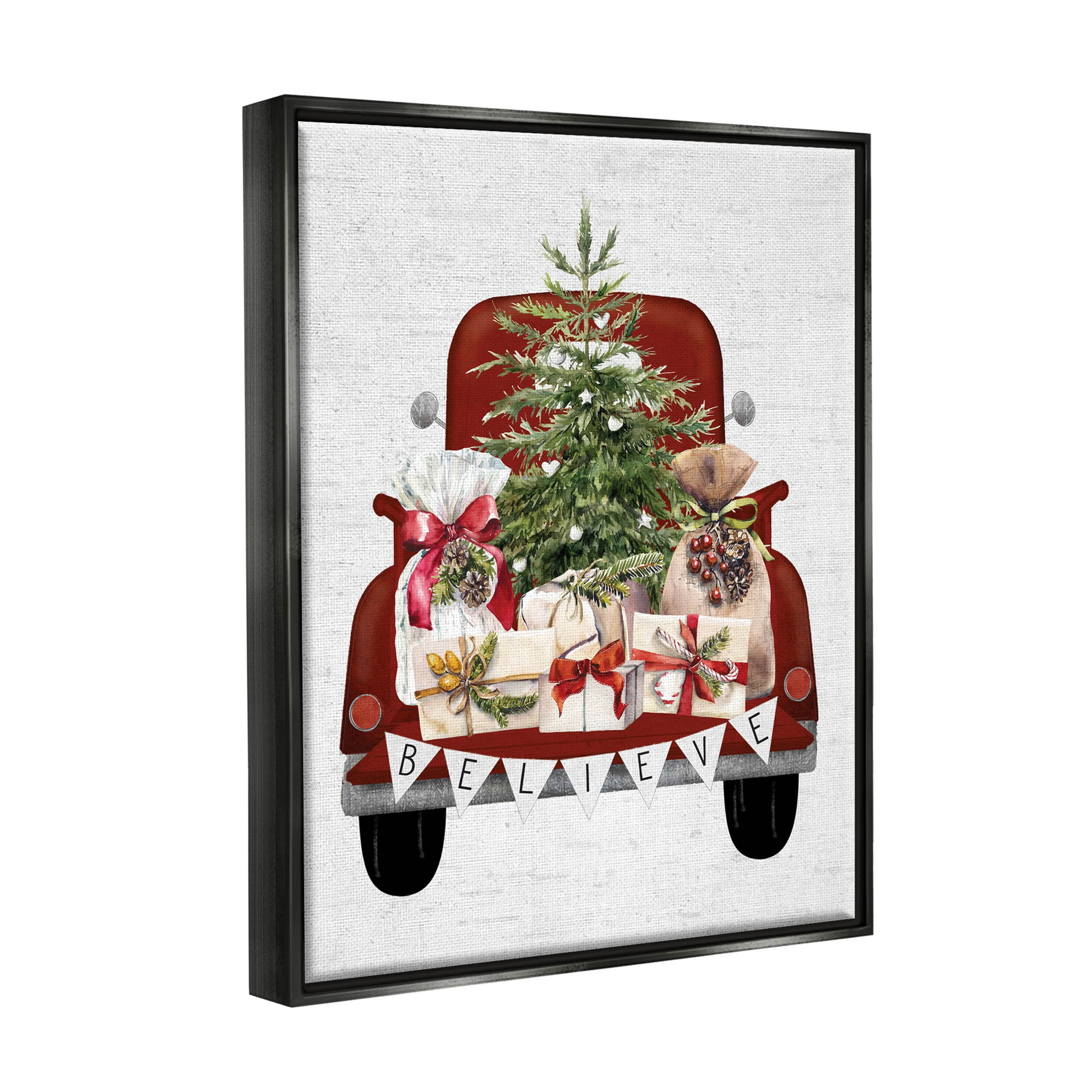 Stupell Industries Believe Seasonal Christmas Truck Graphic Art Jet Black Floating Framed Canvas Print Wall Art, Design by Lettered and Lined