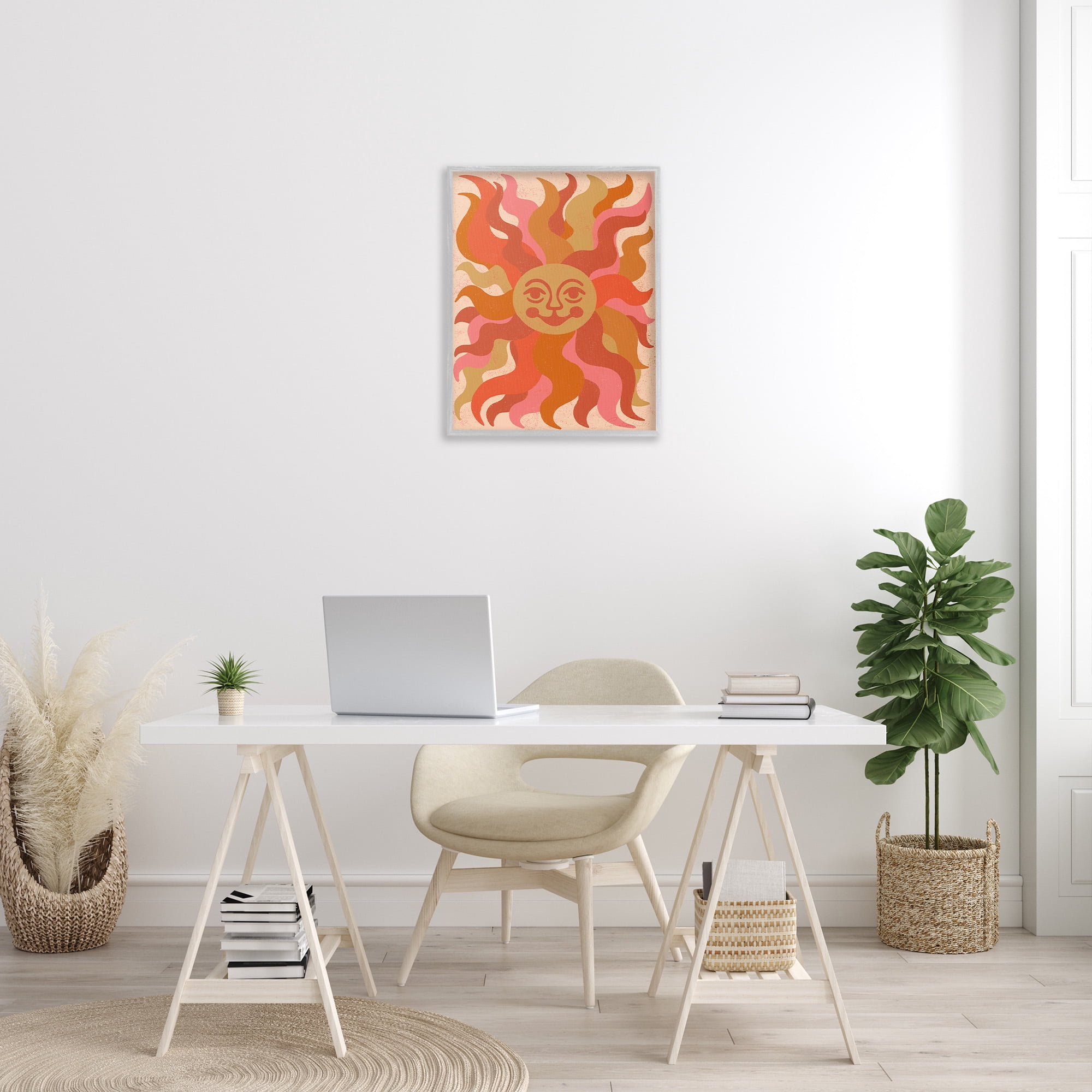 Stupell Industries Celestial Smiling Sun Landscape Painting Gray Framed Art Print Wall Art, 24 x 30