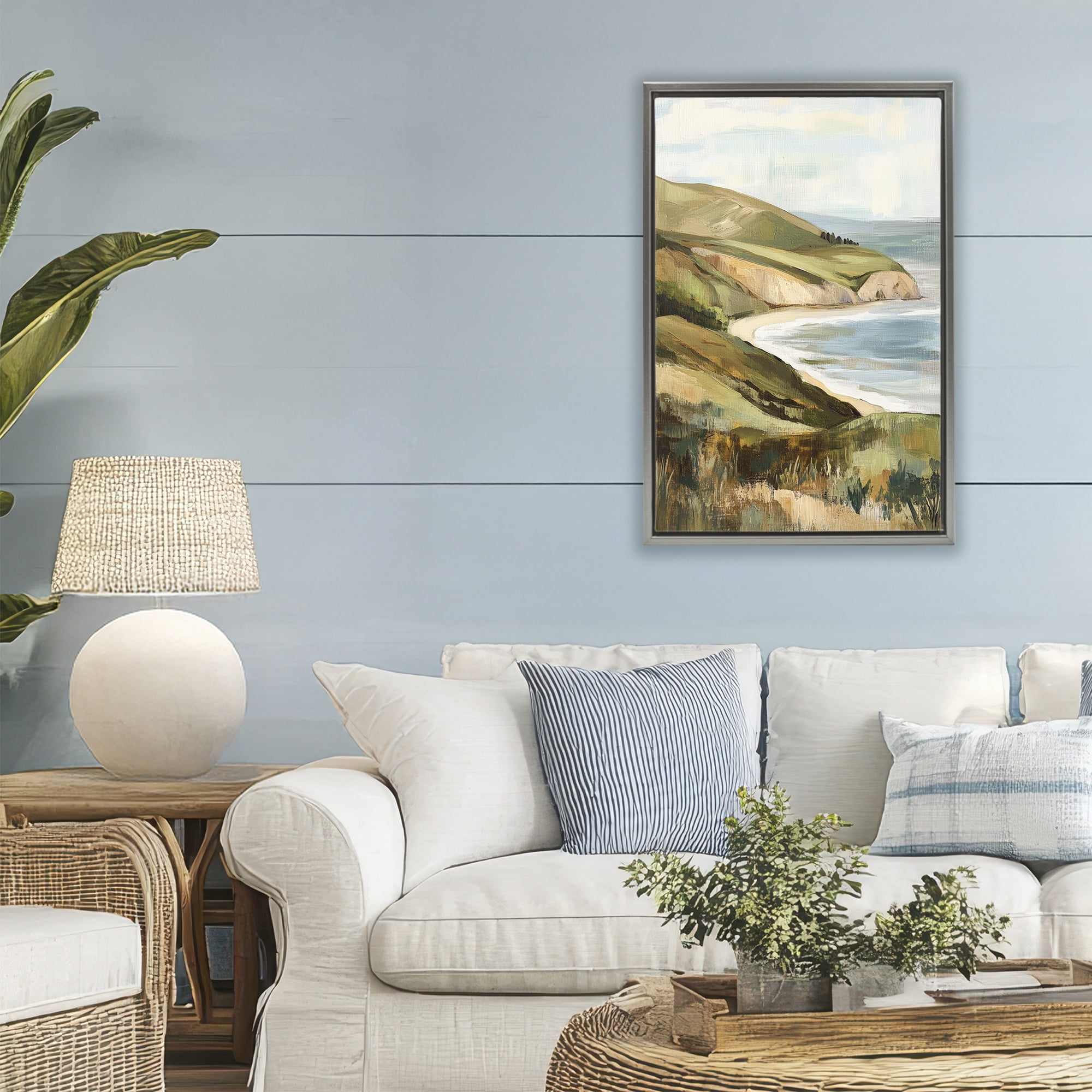Stupell Industries Painted Cliffside By The Sea Gray Framed Floater Canvas Wall Art, design by Petal Prints Design