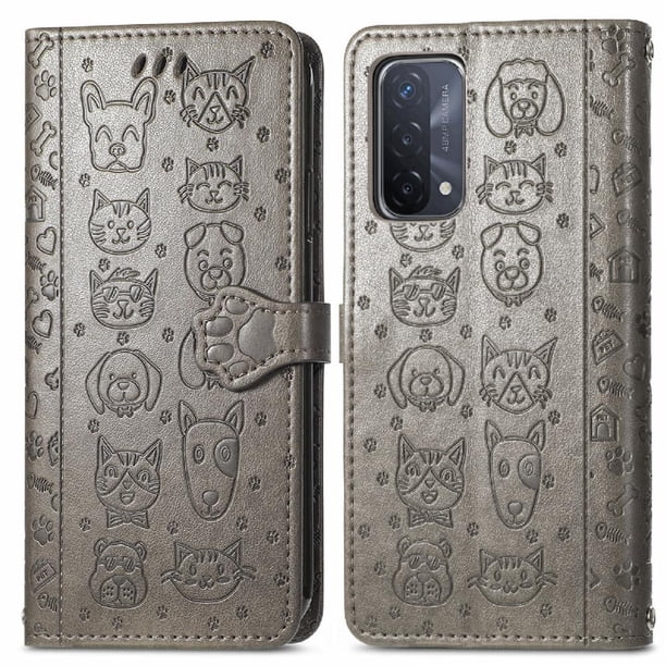 Funda Cartera FOXDOCK para OPPO A54 5G , Flip PU con Relieve de Gatos y Perros, Tarjetero y Soporte