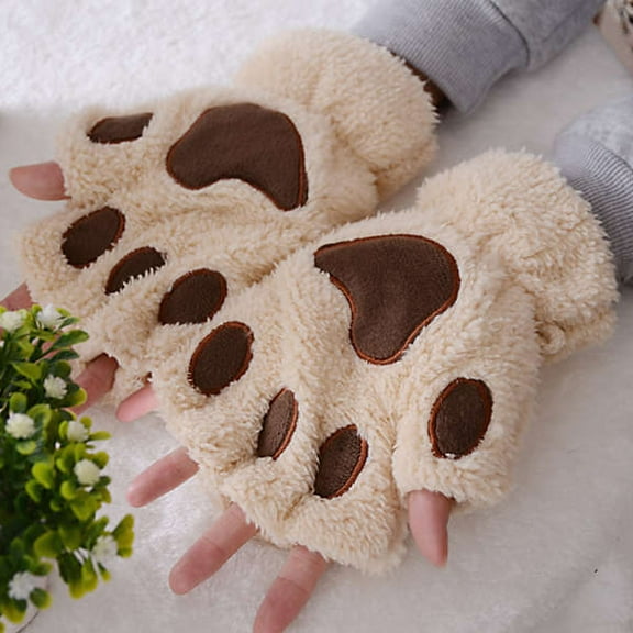 Utoimkio Women's Winter Plush Warm Fingerless Gloves Cute Print Thicken Warm Half Finger Gloves