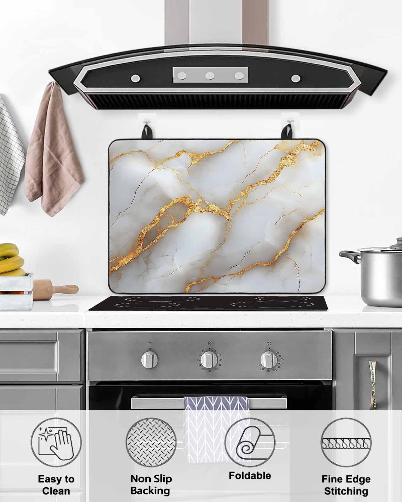 nqOlkjepod Large Induction Cooktop Protector Mat 36"x21", White Gray Marble Stove Top Covers for Electric Stove, Modern Abstract Golden Texture Art Stove Burner Cover Mats, Glass Top Stove Cover
