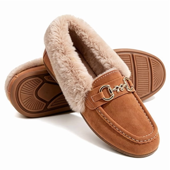 Knivor Cozy Warm Moccasin Slippers for Women with Metal Decor Slip On Closed Toe Fuzzy Slippers Non Slip Fashion Winter Loafers for Indoor Outdoor House Shoes