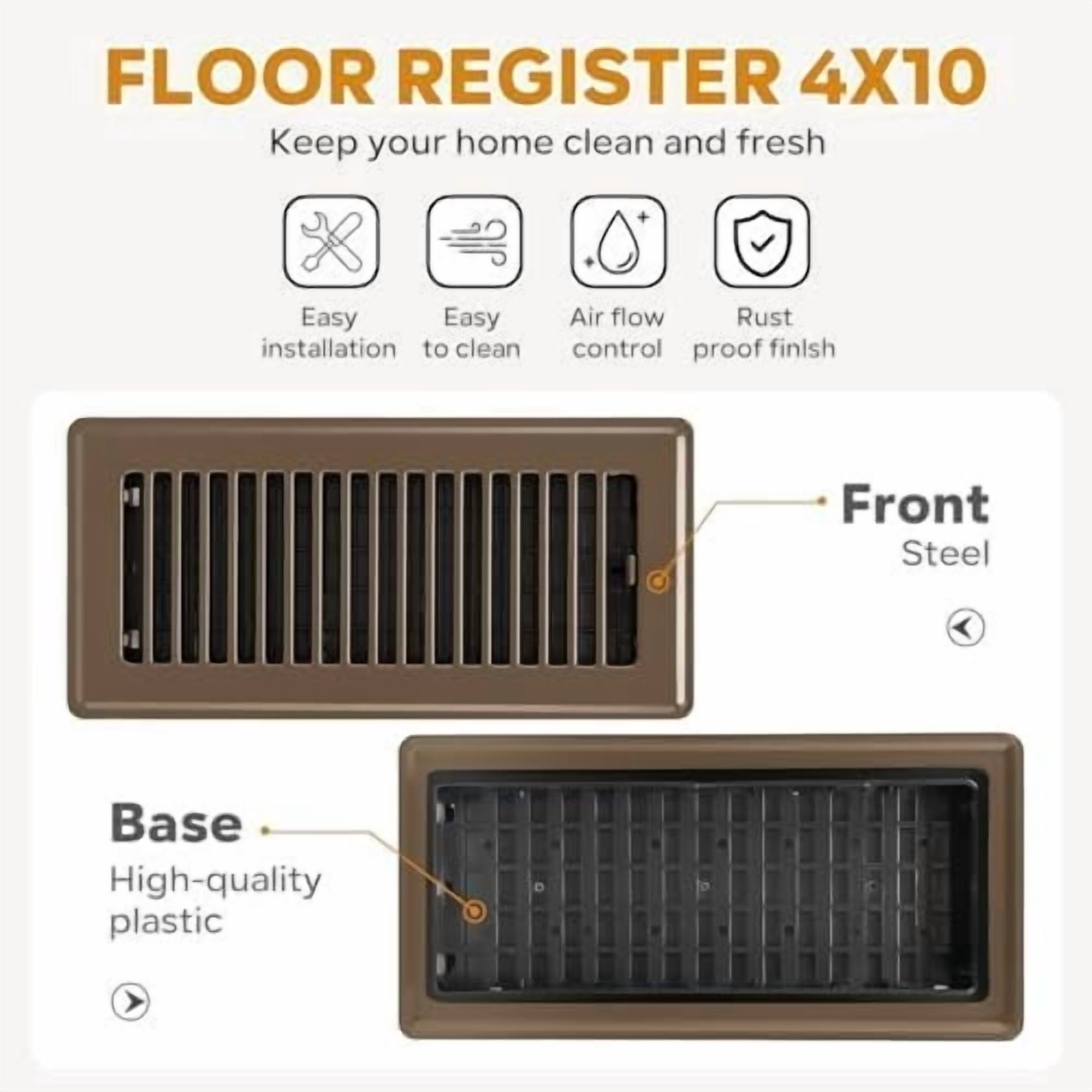 Floor Register 4x10, Floor Vent Covers, Heavy Duty Steel Walkable Floor Vents, for Sidewall and Floor, Brown 10 Pack