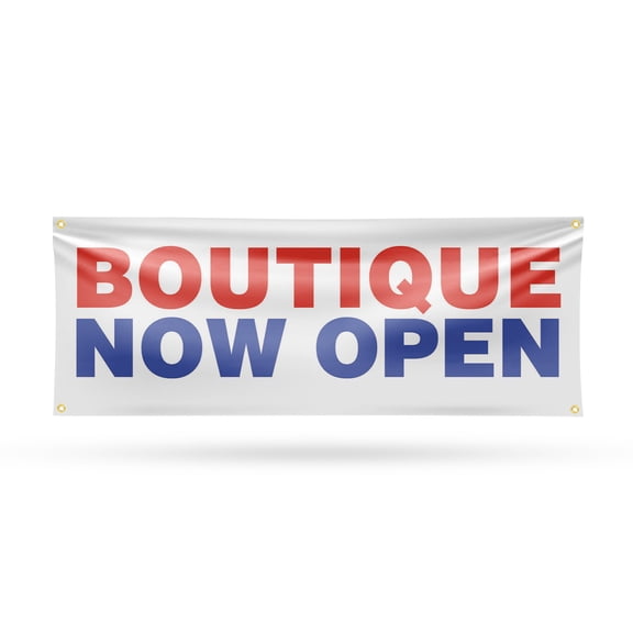 Boutique Now Open Banner Sign 18 Inch x 48 Inch | 13 oz Vinyl with Metal Grommets | Heavy-Duty Single-Sided Outdoor Durable Printed High-Quality Weatherproof | Made in the USA