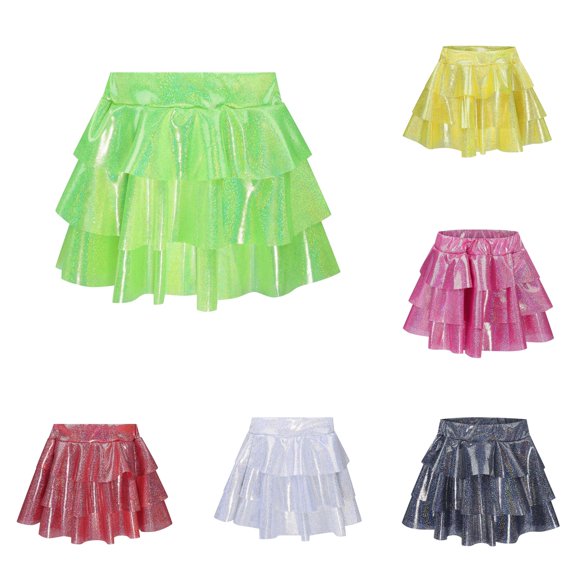 SUXIAN Toddler Girl Skirts Carnival Metallic 3‑Layer Ruffle Sparkly Shiny Skirt For Party Girl Skirt Green 8-9 Years