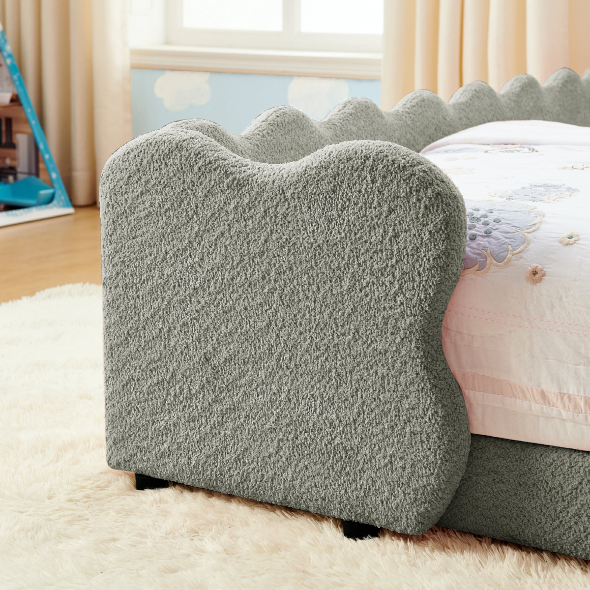 ChenyueFurn Twin Size Cute Dinosaur Bed, Solid Wood Frame with Safety Guardrails,Grey