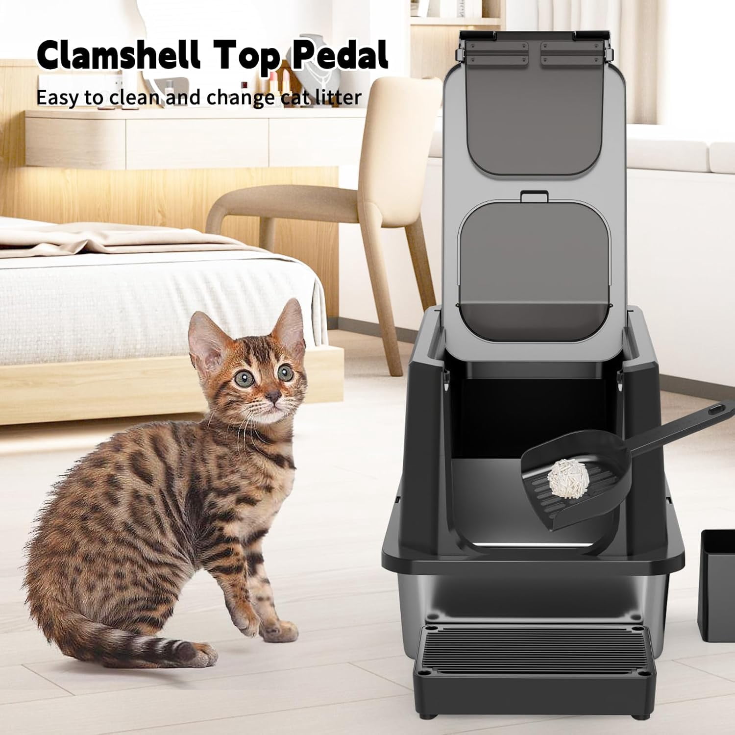 Enclosed Cat Litter Box: All Black Stainless Steel - Odor-Resistant & Easy Wipe Clean - Teflon Non-Stick Coating for Quick Cleaning - Large Top-Exit Pan for Modern Homes Garage