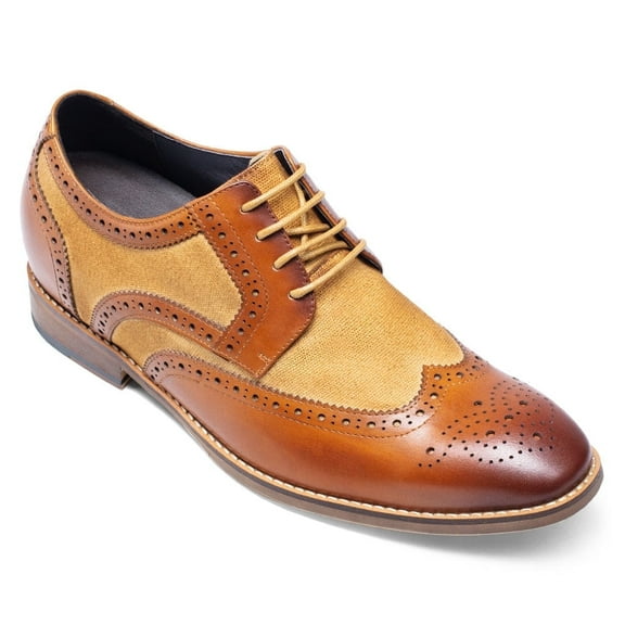 CMR CHAMARIPA Height Increasing Shoes - Mens Shoes With Height - Brown Genuine Leather Brogues Wingtip Shoes 7CM / 2.76Inches