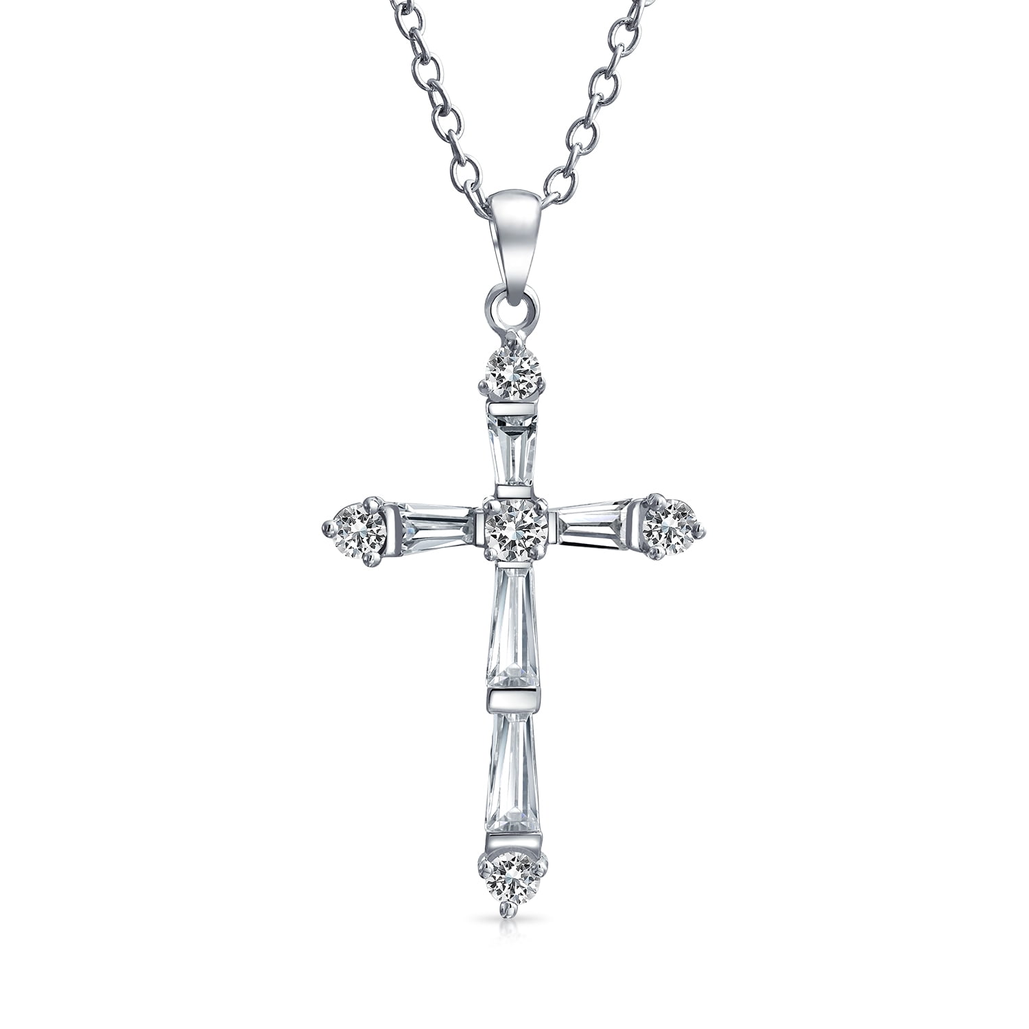 Rhodium Plated White AAA Cubic Zirconia Religious Cross Necklace/Pendant-Gift 