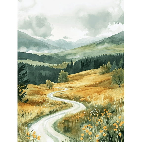 Scenic Winding Road Watercolor Painting/Canvas Art， Suitable for Living Room， Bedroom， Office， Hallway， and Dining Room Decoration