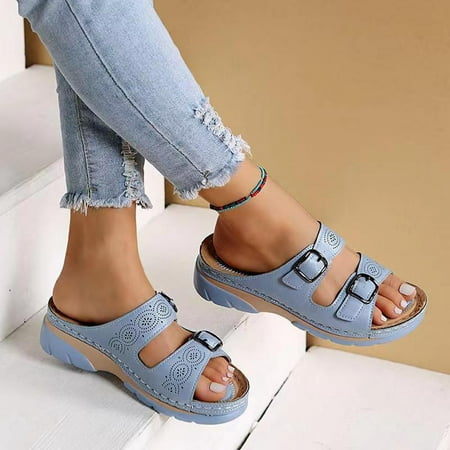 

Women Sandals Clearance 2023! Pejock Women s Platform Wedge Sandals with Arch Support Vacation Comfortable Belt Buckle Wedge Beach Sandals Summer Athletic Outdoor Beach Sandals