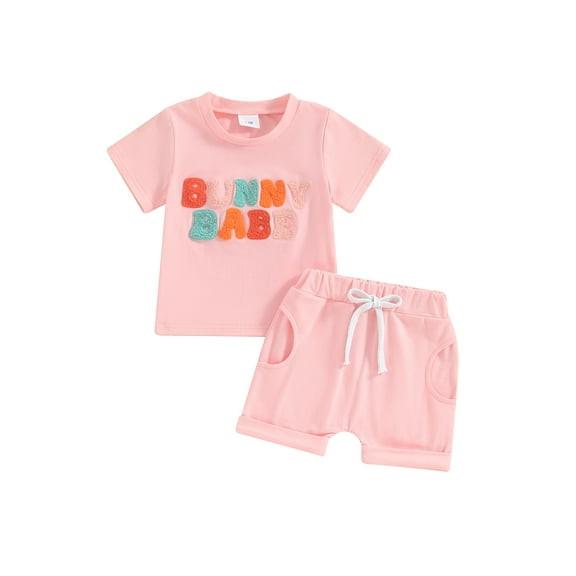 Jxzom Toddler Baby Girl Easter Outfit 6M 12M 18M 2T 3T Fuzzy Letter Embroidery Short Sleeve Tops Solid Shorts Summer Clothes Set