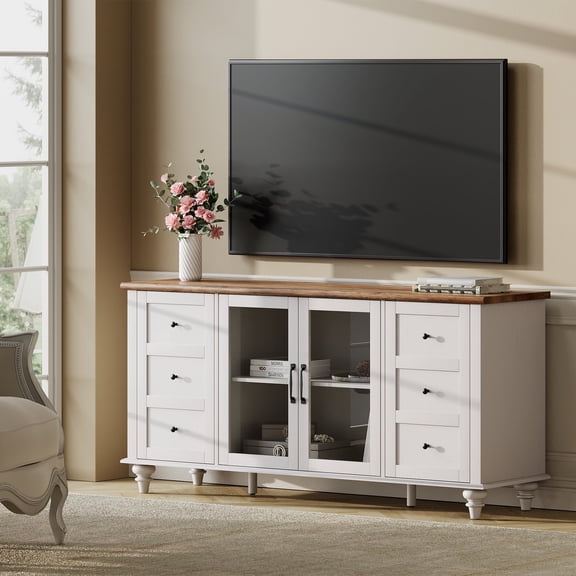4-Door Farmhouse TV Stand for TVs Up to 65 inch,Glass and Wood Universal TV Stand with 4 Storage Cabinets,White Entertainment Center for 32-65 inch TV Console Table,White&Oak