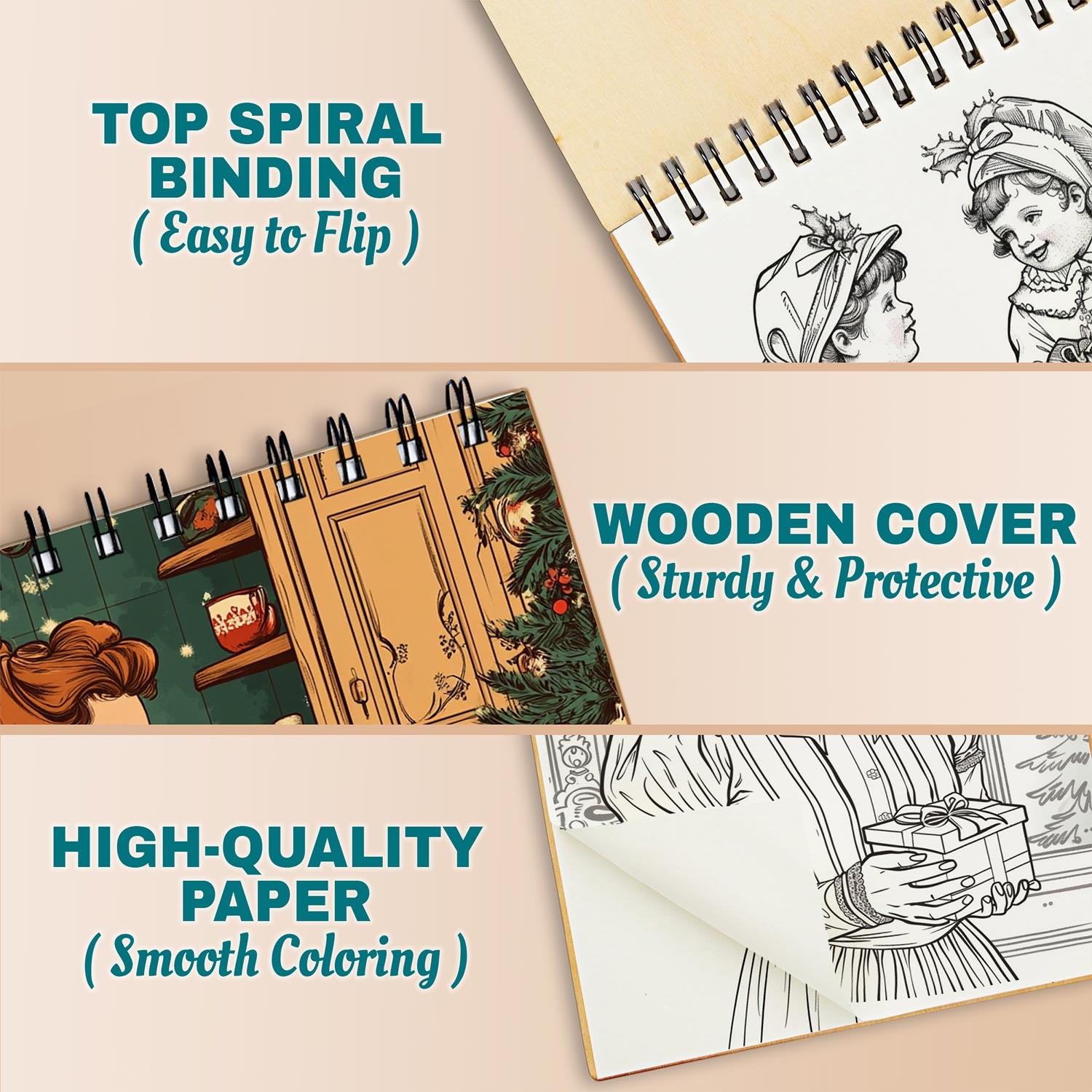 Netecom Old Fashion Christmas Coloring Book Spiral Bound for Adults, A5 Wooden Cover, 30 Vintage Coloring Pages of Winter Holiday for Stress Relief and Relaxation