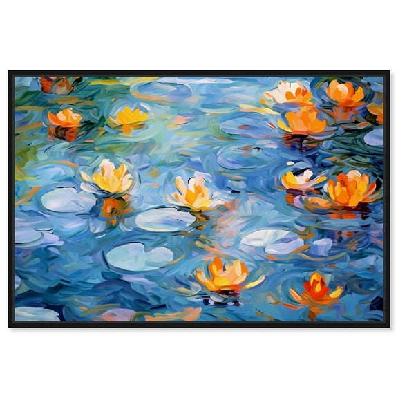 Monet Style Bright Lilipads Canvas Glam Livingroom Wall Art by Art Remedy, Black Frame, 15" x 10"