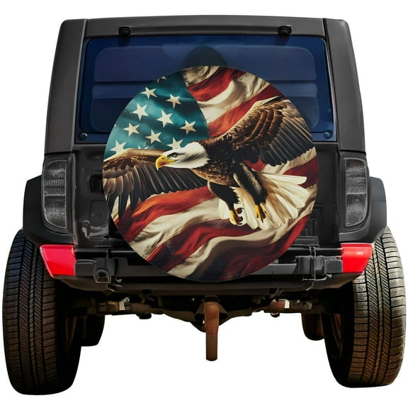 Lotusprinthandmade America Flag Eagle Spare Tire Cover Without Backup Camera Hole 6 Sizes (27 in.), bald eagle wheel protector, patriotic car accessory