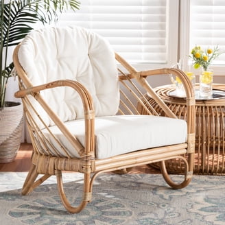 Baxton Studio Aya Rattan Armchair - Natural Finish, White Cushion, 39.5"H X 24"W X 22"D, Fully Assembled