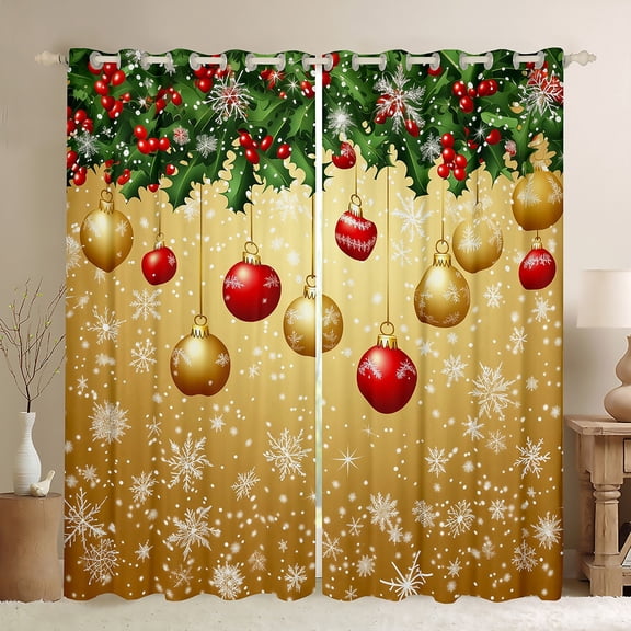 jejeloiu Christmas Ball Curtains Pack of 2 (42x84 Each),Merry Xmas Holiday Curtains Blackout,Gold Red Green Bedroom Curtains For Children,Breathable Home Decor