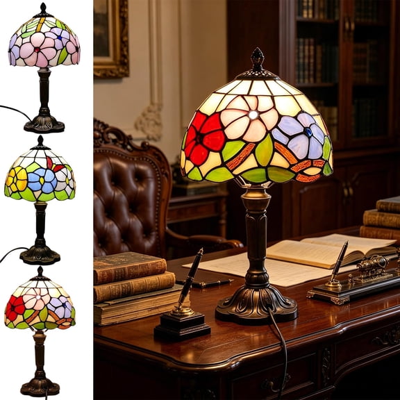 LEFXSMR Glass Table Lamp, Art Stained Glass Vintage Soft Light Bedside Lamp, Home Decor Night Light for Bedroom Living Room
