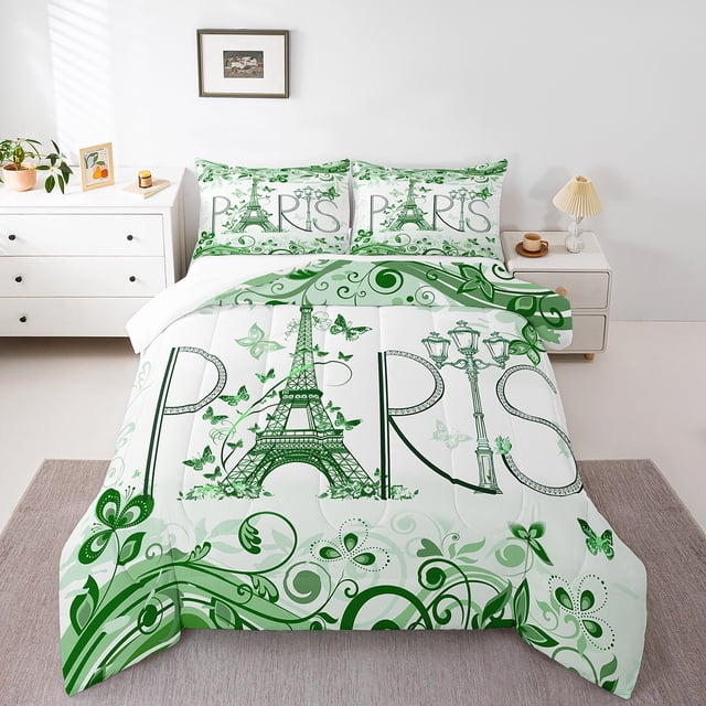 Erosebridal Green Eiffel Tower Bedding Twin Comforter Set,Romantic Theme Down Comforter,Valentine’S Day Decor,2-Piece