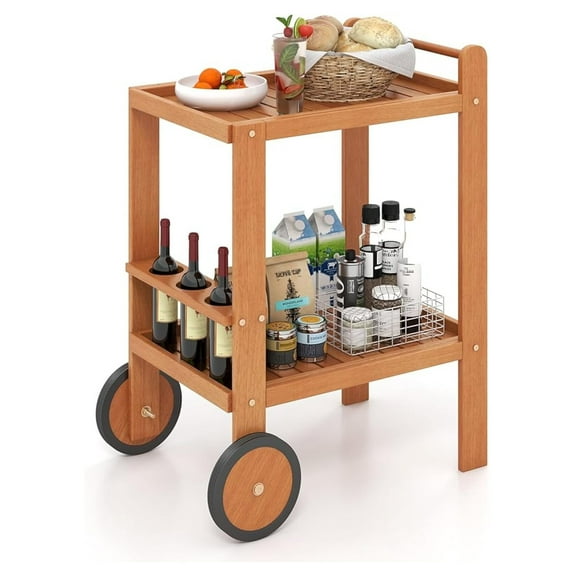 Wood Bar Cart, Outdoor Indoor 2 Tier Rolling Serving Cart with Wine Bottle Holders and 2 Rubber Wheels, Bar Table Beverage Drink Cart for Kitchen, Patio, Garden and Poolside, Natural