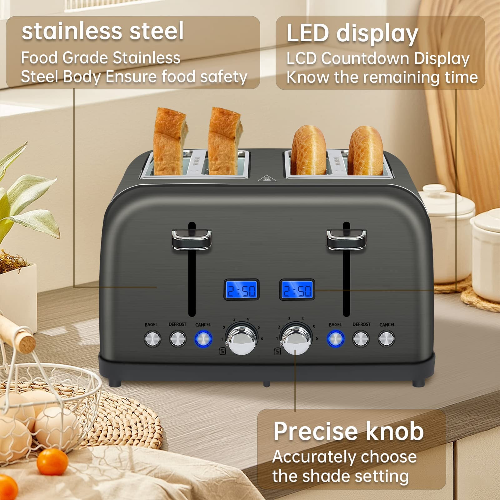 SEEDEEM Toaster 4 Slice, LCD Display, 6 Shade Settings Stainless Toaster,Dual Control, Removable Crumb Tray, 1500W, Dark Metallic
