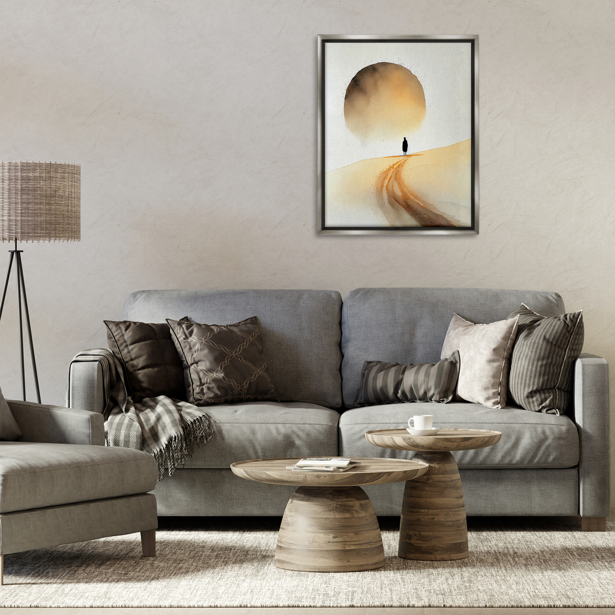 Stupell Industries Person Walking Desert Dunes Landscape Painting Gray Floater Framed Canvas Art Print Wall Art, 25 x 31