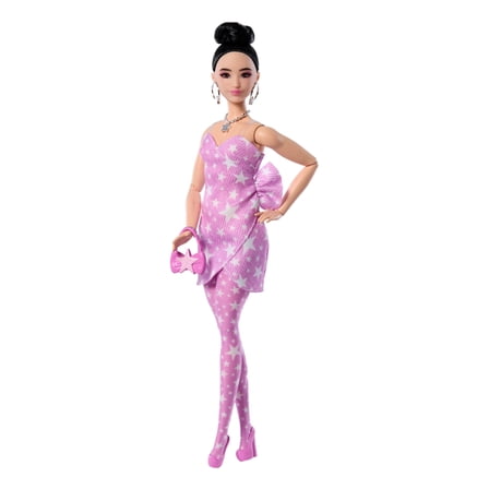 Barbie Deluxe Style Fashion Doll #11 in Pink Denim Star-Print Dress, Black Hair in Bun