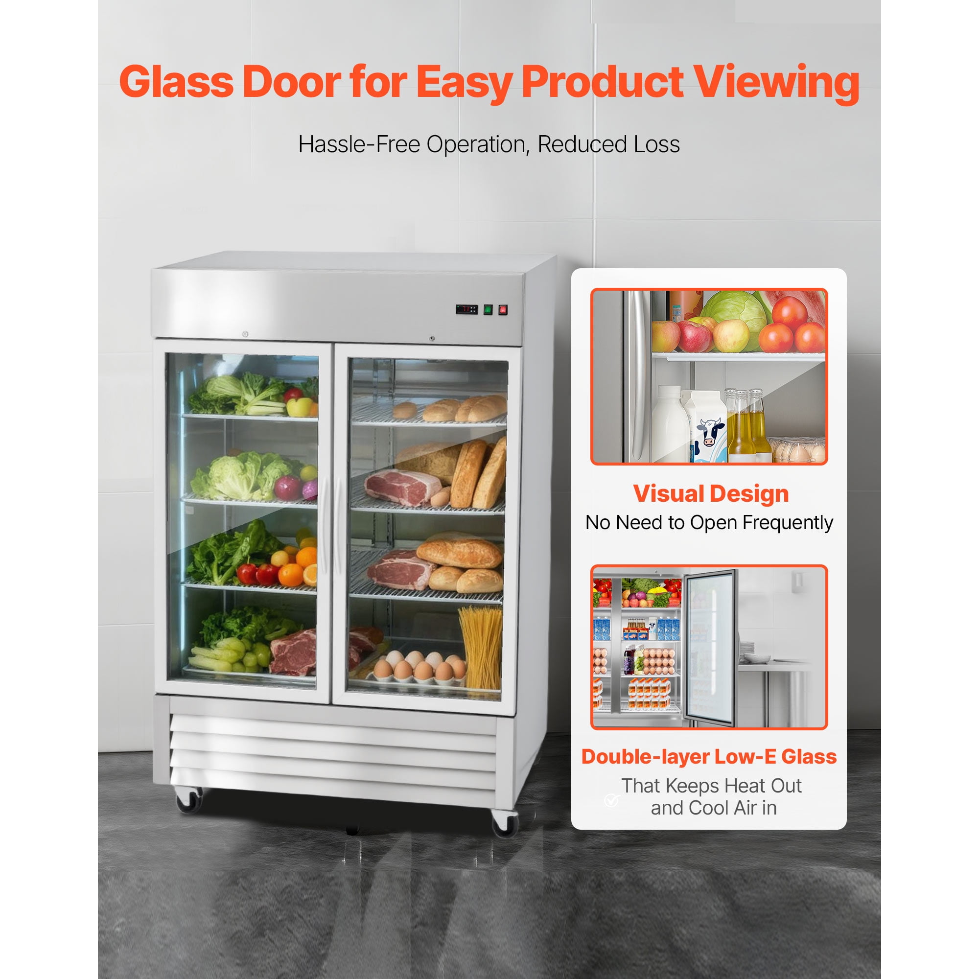 KFFKFF Commercial Stainless Steel Refrigerator 54" W, 44 Cu.Ft Upright Fridge with Double Glass Doors, Auto-Defrost, 8 Adjustable Shelves, 32-50℉ Temperature Range, ETL Certified