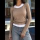 thumbnail image 4 of Camisetas de Larga con Cuello Redondo para Mujer, Informales, de Dos Piezas, Ajustadas, de Punto Acanalado, para Verano y Otoño. Caqui L, 4 of 7