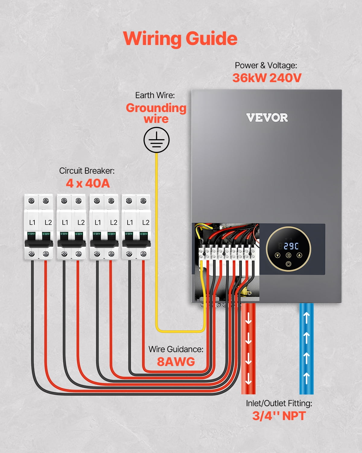 VEVOR Tankless Electric Water Heater, 36kW Instant Hot Water Heater Under Sink, On Demand for Bathroom, Kitchen, Office with LCD Touch Screen, Child Security Lock ,Space-Saving, 240V